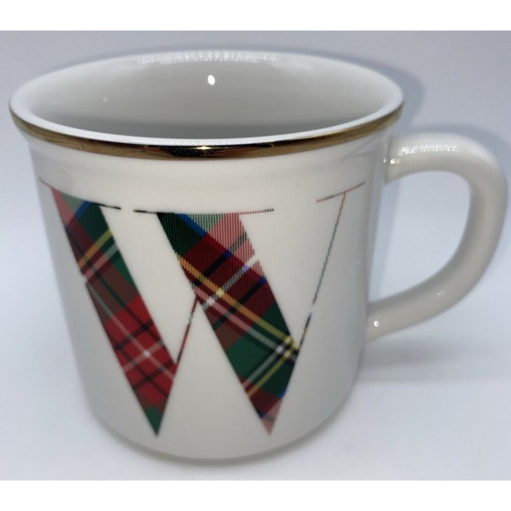 Pottery Barn Stewart Plaid Holiday Coffee Mug Monogram Initial Alphabet Letter W